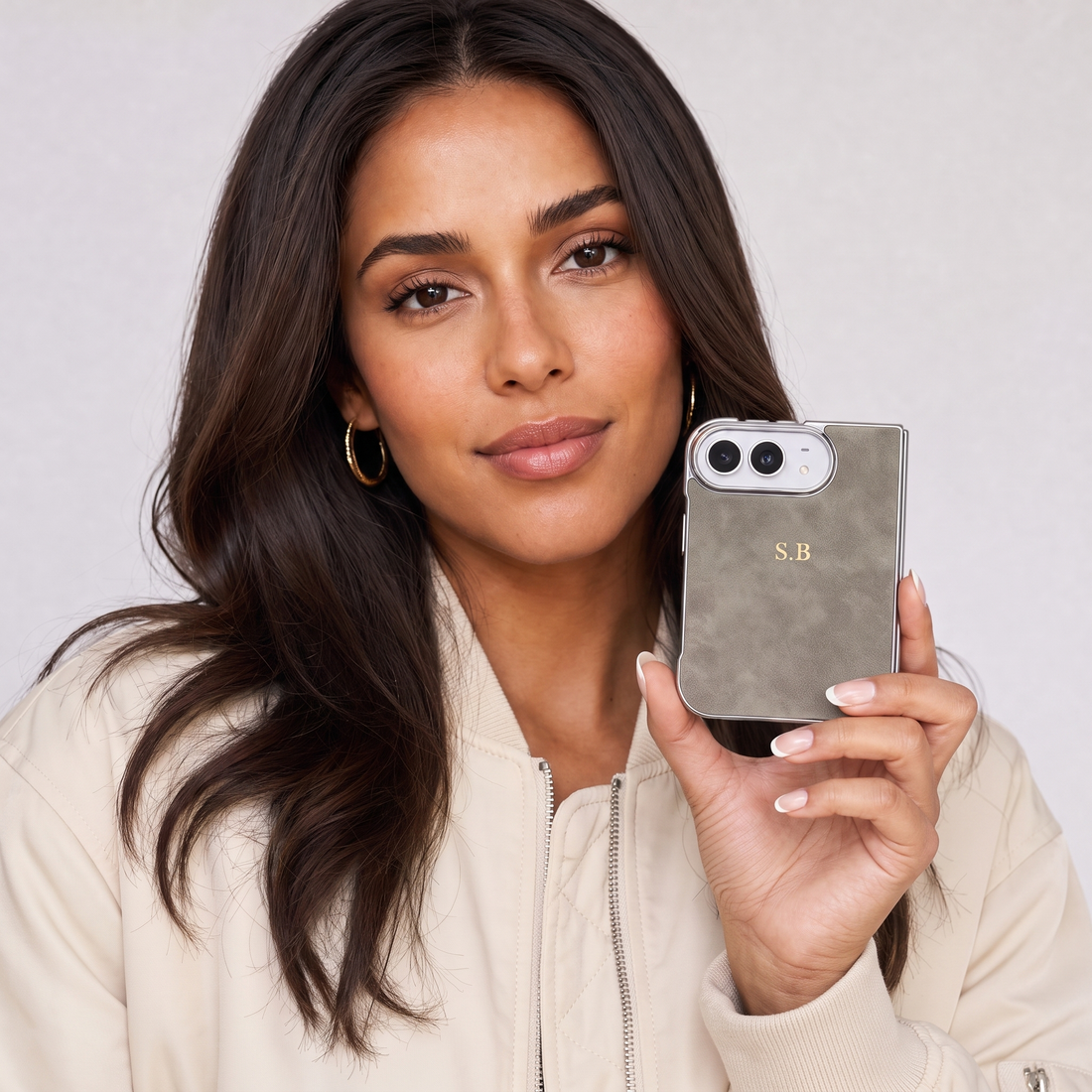 Grey Lambskin Leather Custom iPhone Duo Case