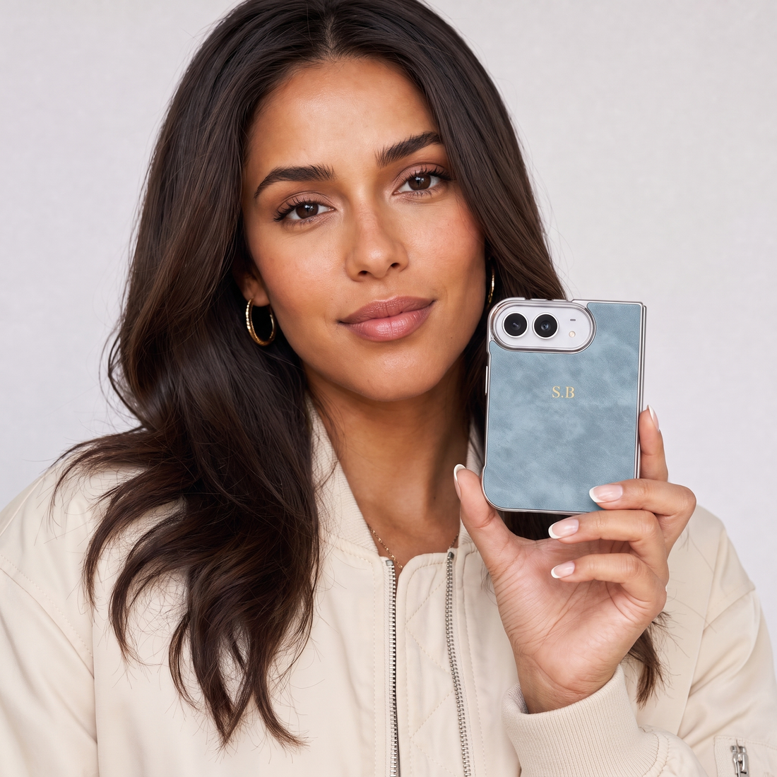 Light Blue Lambskin Leather Custom iPhone Duo Case