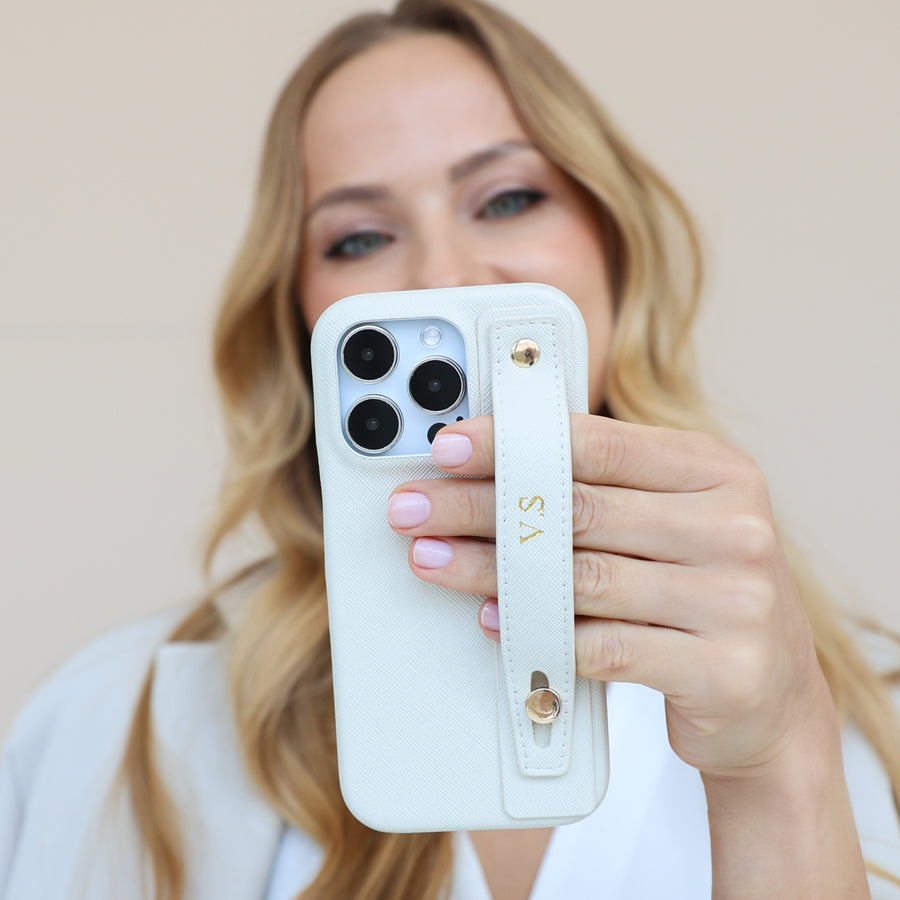 White Leather iPhone Case with Strap
