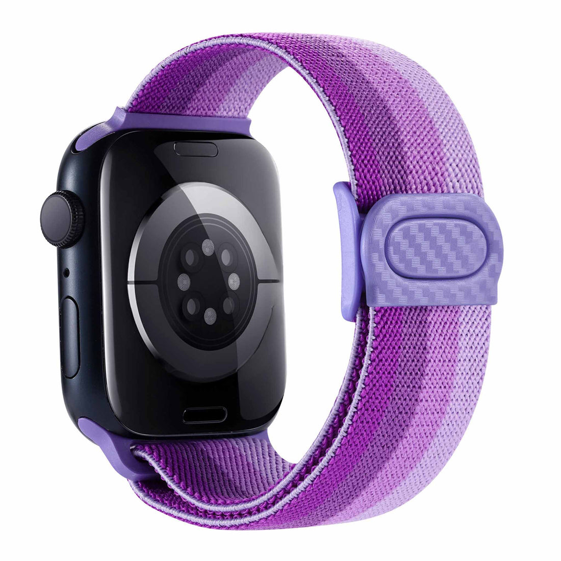 Alternate text: "Smartwatch with a blue woven loop band and black watch case with sensors visible on the back, isolated on a white background."