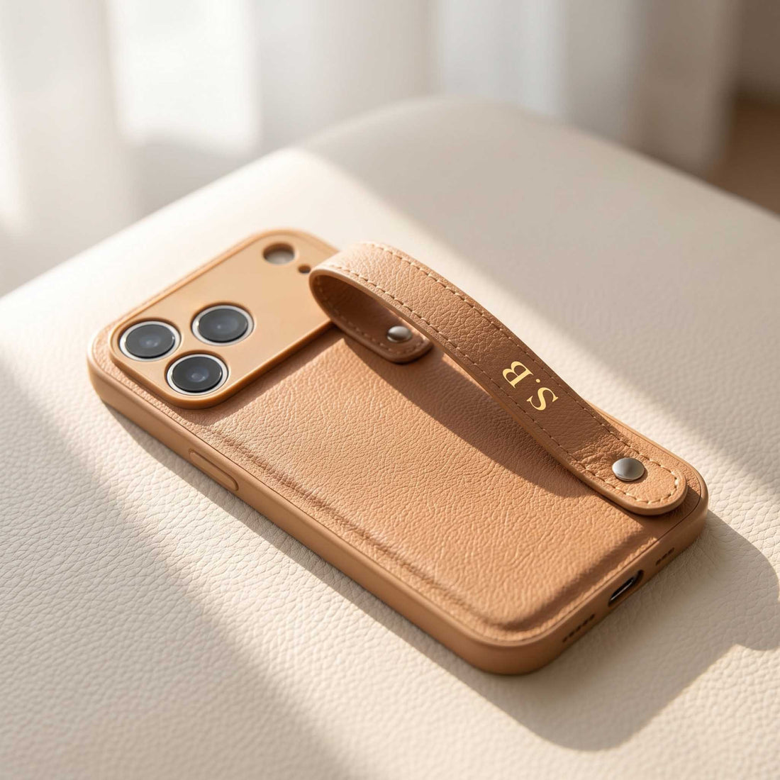 Beige Leather iPhone Case with Strap - Snap Bands