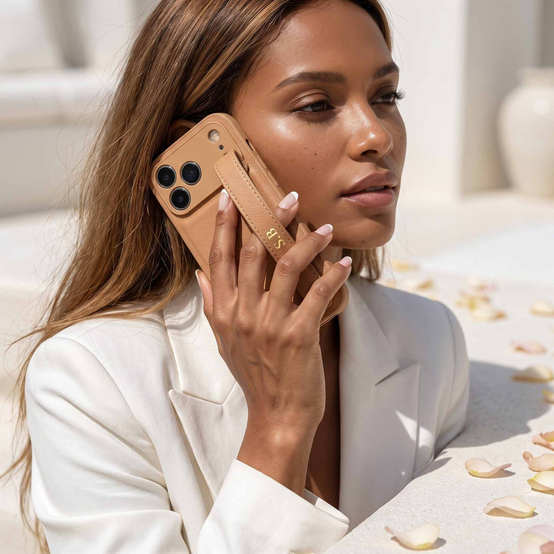 Beige Leather iPhone Case with Strap - Snap Bands
