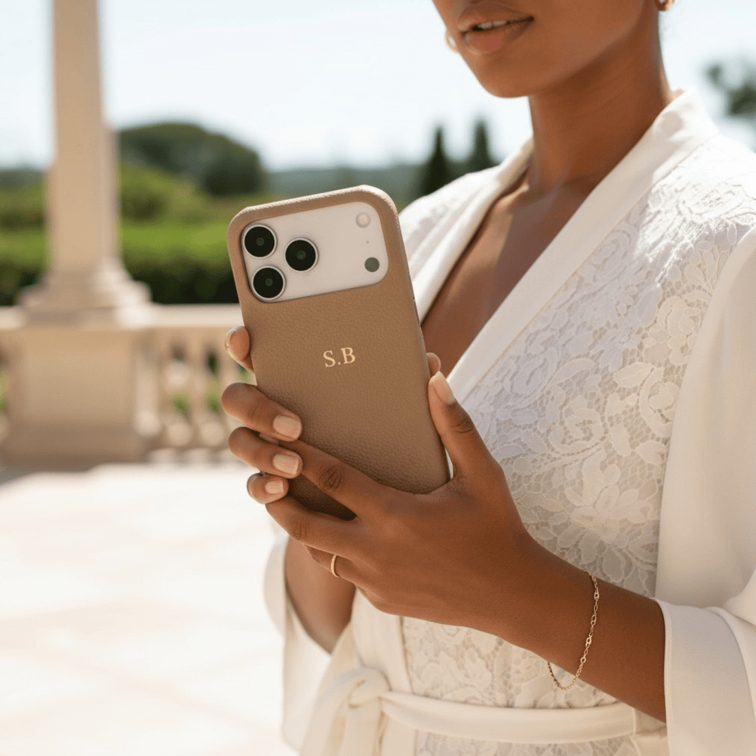 Beige Pebble Leather iPhone Case - Snap Bands