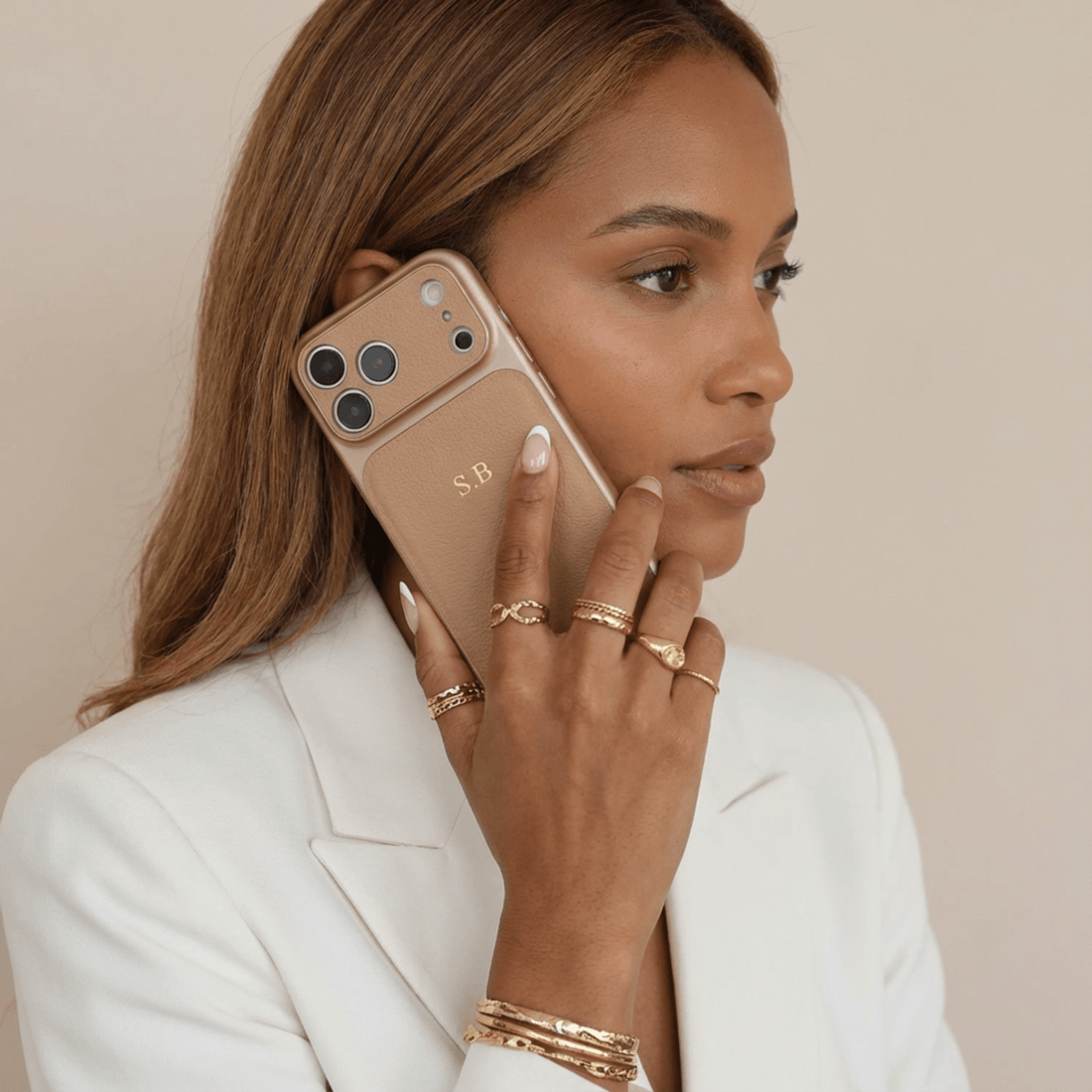 Beige Personalized iPhone Case With Leather - Snap Bands