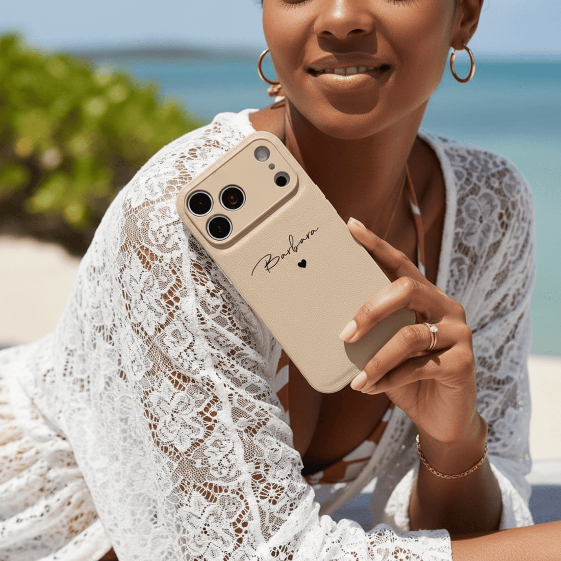 Beige Personalized Leather iPhone Case - Snap Bands