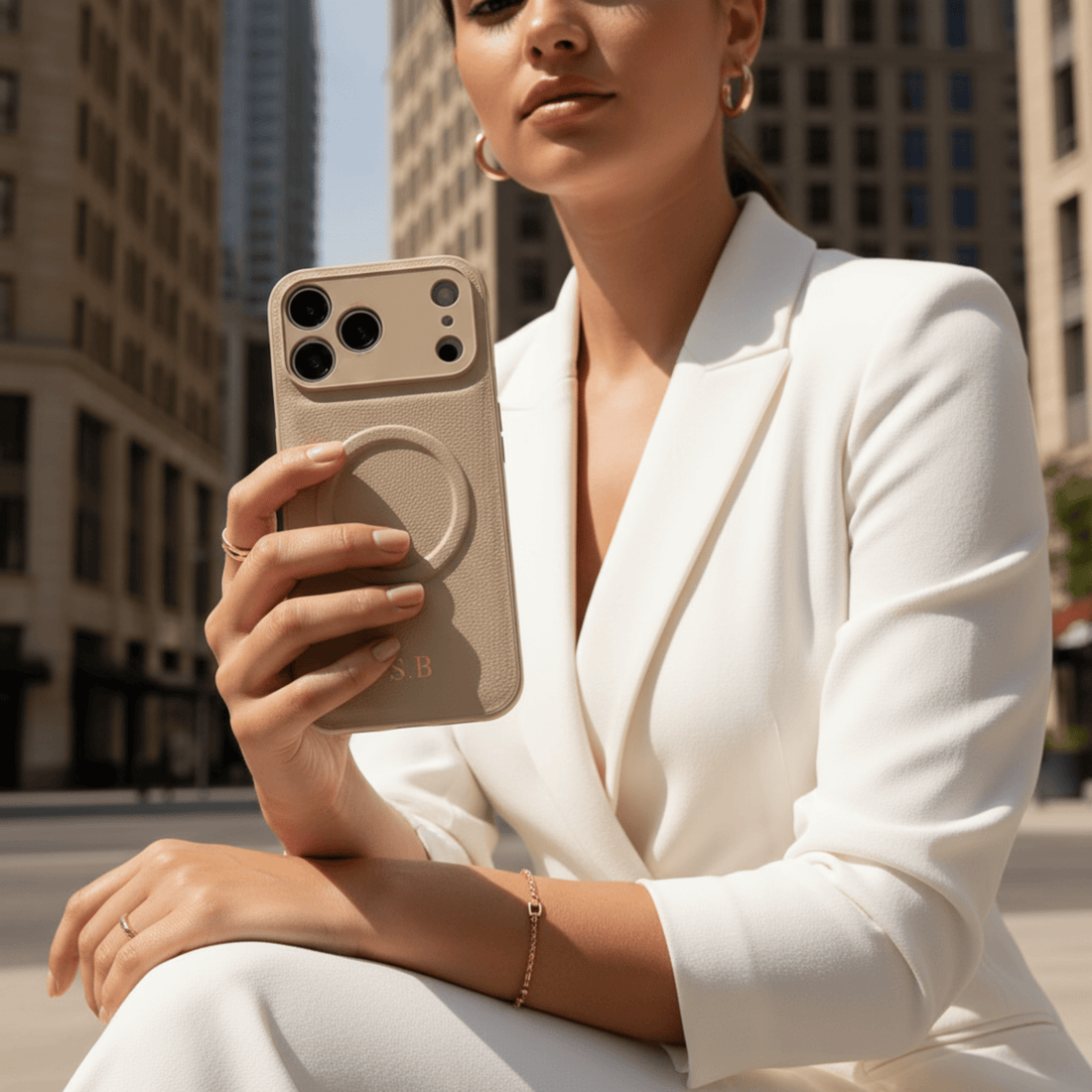 Beige Personalized Magnetic Leather iPhone Case - Snap Bands
