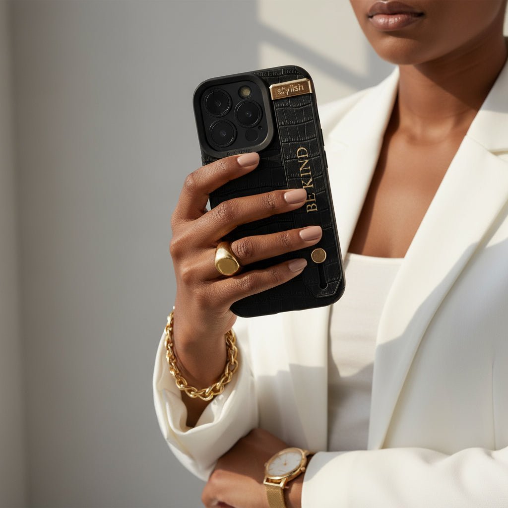 Black Crocodile Texture Elegant iPhone Case with Metallic Accent - Snap Bands