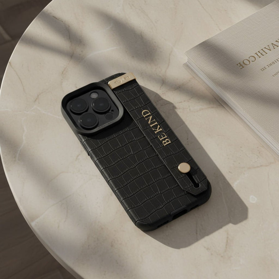 Black Crocodile Texture Elegant iPhone Case with Metallic Accent - Snap Bands