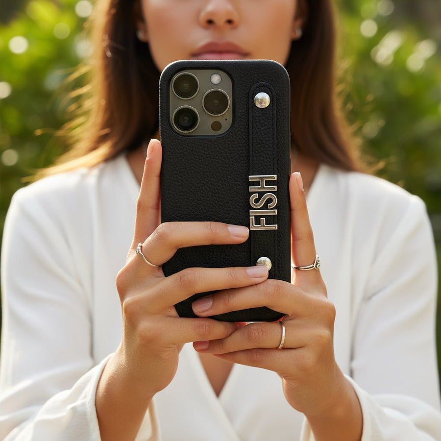 Black Leather iPhone Case - Snap Bands