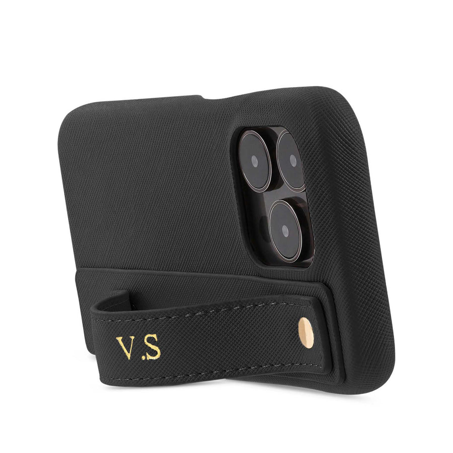 Black Leather iPhone Case with Strap - Snap Bands