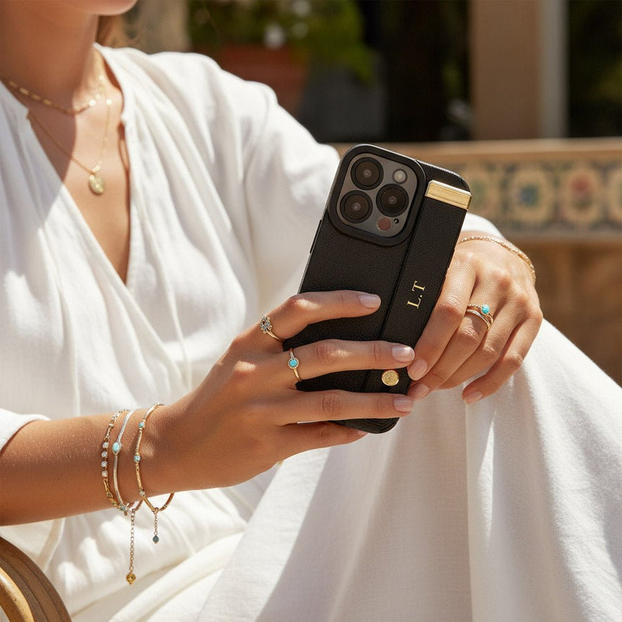 Black Leather iPhone Case with Strap - Snap Bands