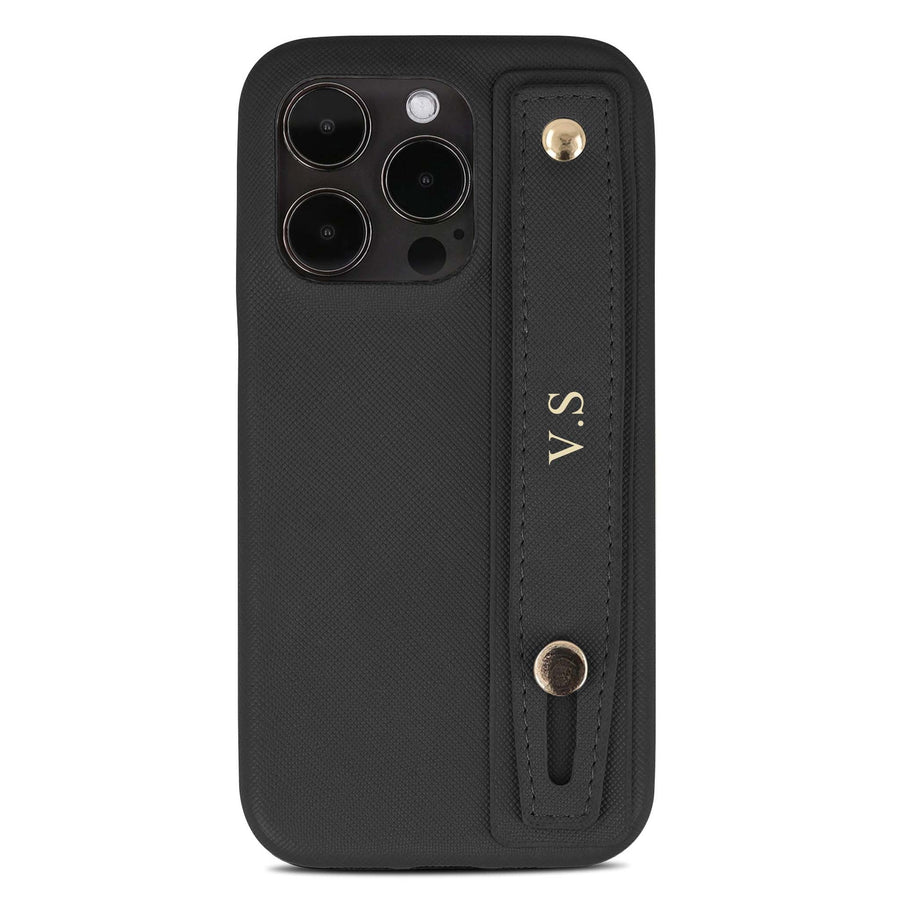 Black Leather iPhone Case with Strap - Snap Bands