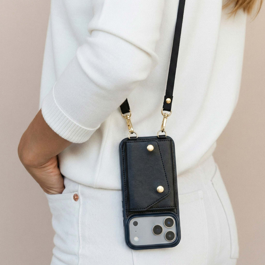 Black Leather iPhone Case With Two Straps - Snap Bands