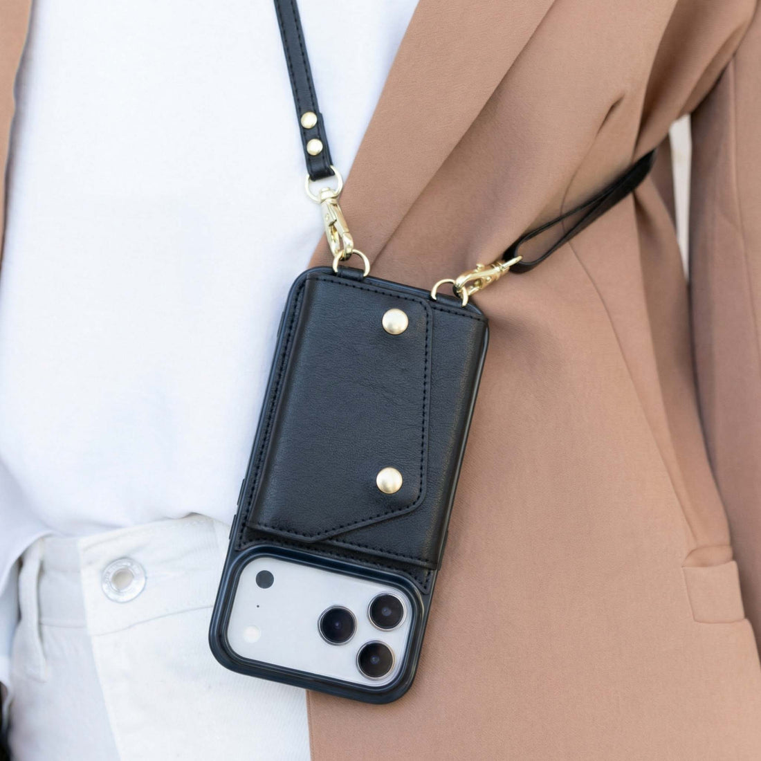Black Leather iPhone Case With Two Straps - Snap Bands