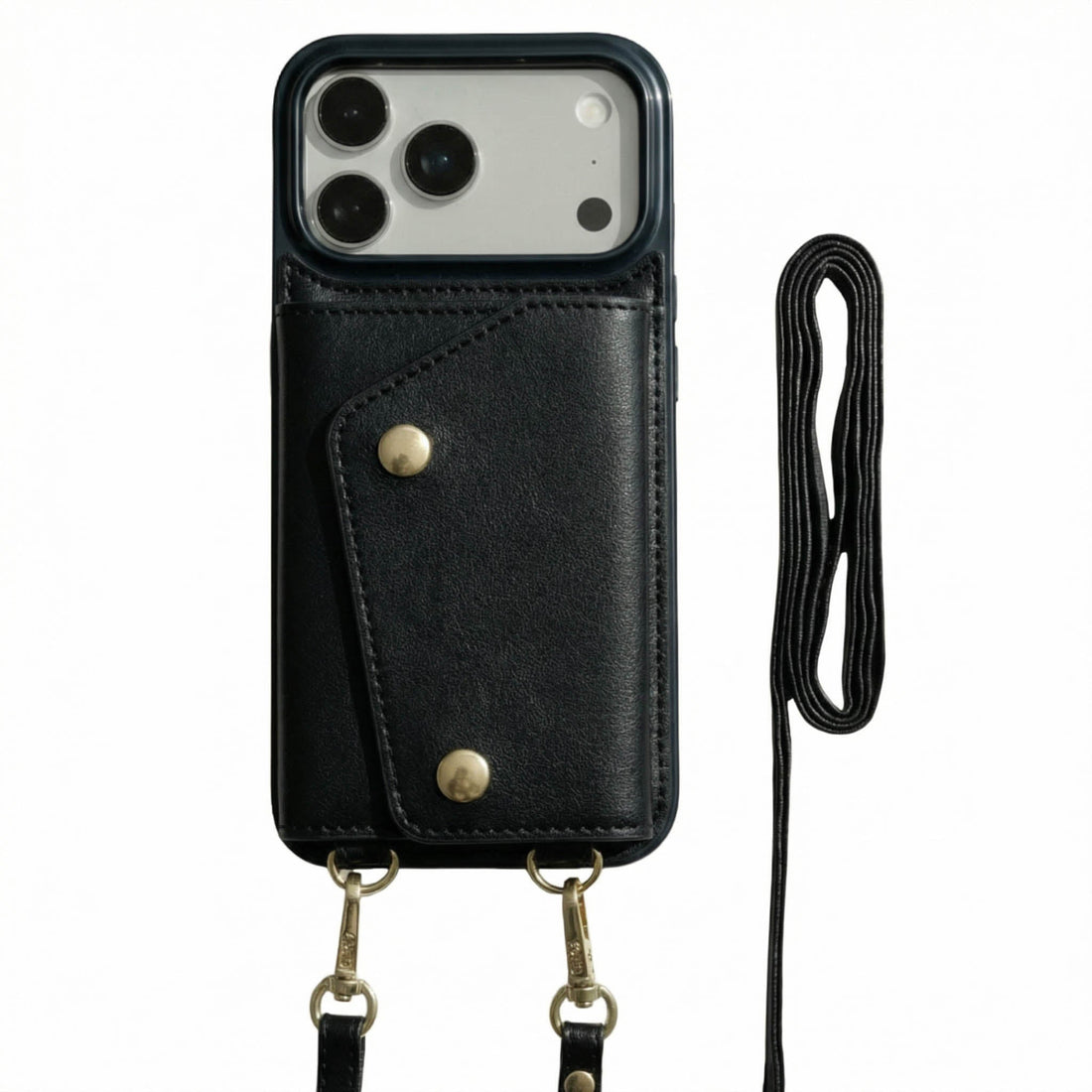 Black Leather iPhone Case With Two Straps - Snap Bands