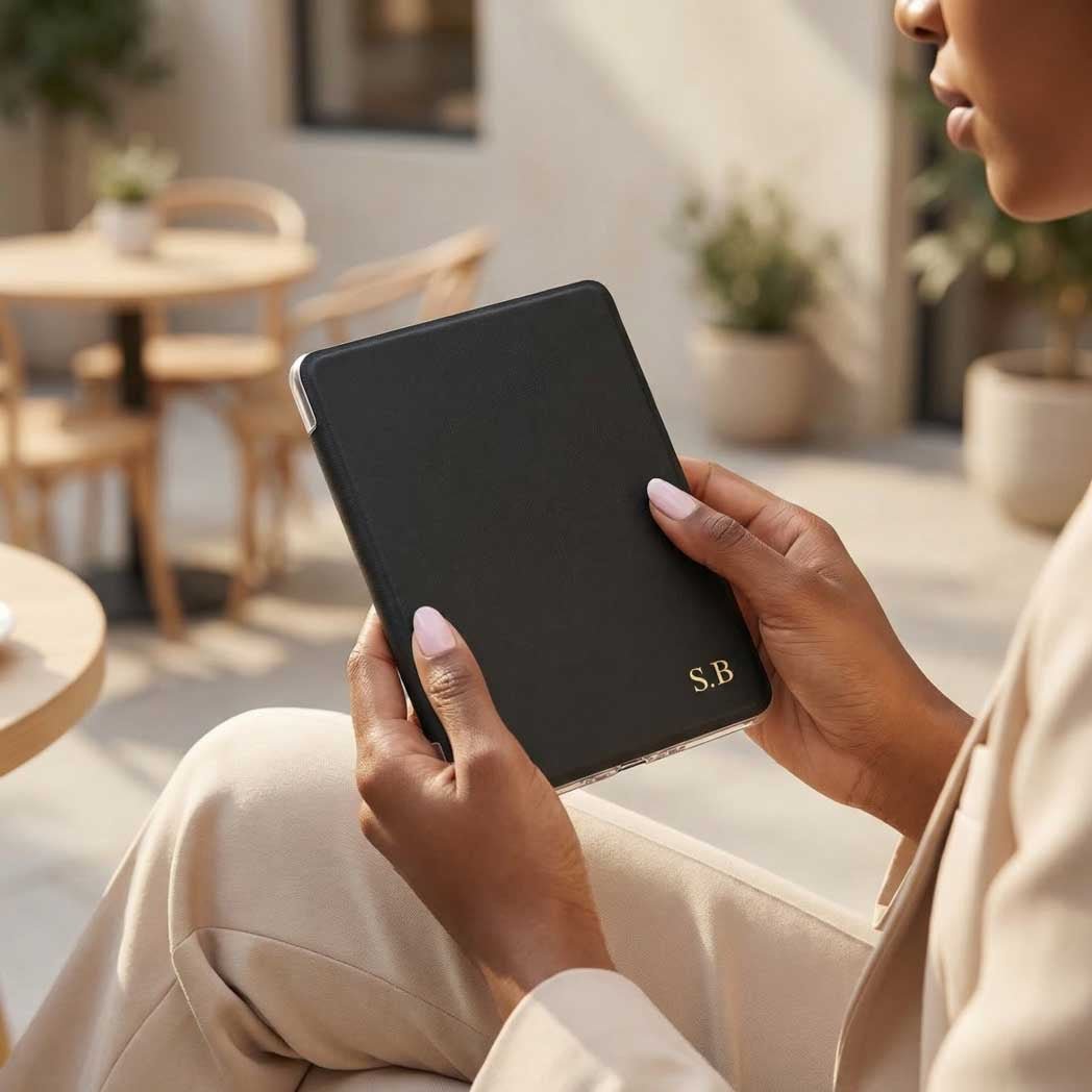 Black Leather Kindle Case - Snap Bands