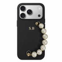 Black Leather Magnetic iPhone Case with Pearl Strap - Snap Bands