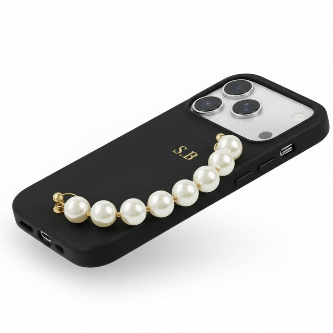 Black Leather Magnetic iPhone Case with Pearl Strap - Snap Bands