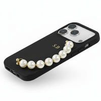 Black Leather Magnetic iPhone Case with Pearl Strap - Snap Bands