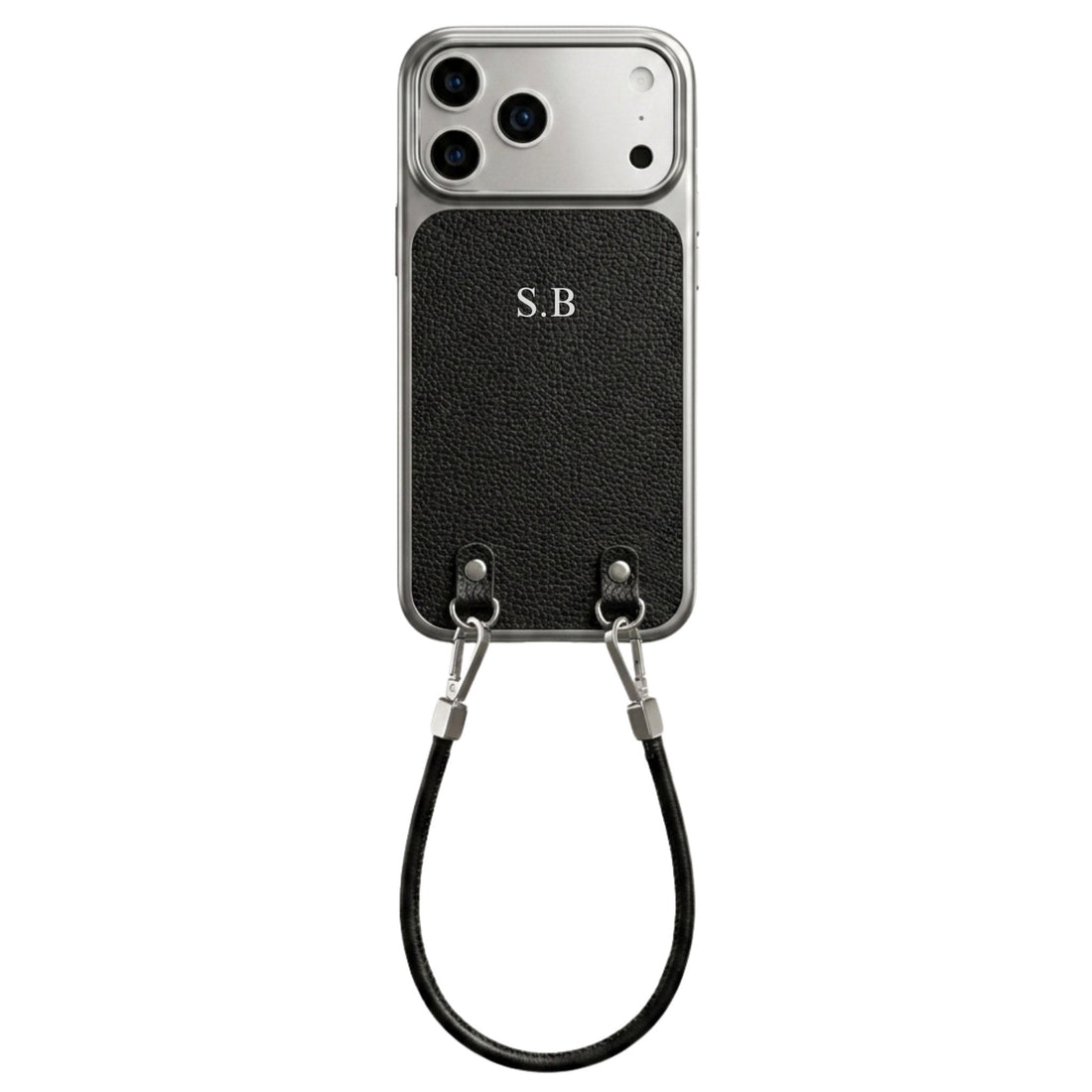 Black Personalized Leather iPhone Case with Strap Handle - Snap Bands