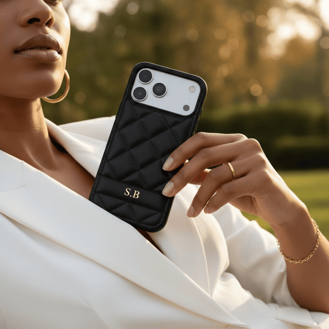 Black Stitched Leather iPhone Case - Snap Bands