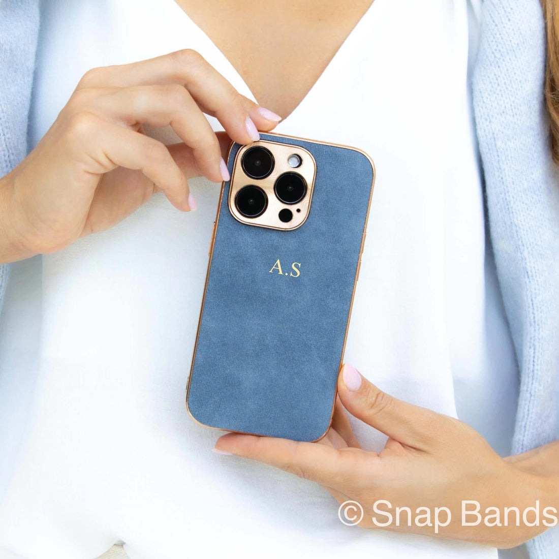 Blue Lambskin Leather Custom iPhone Case - Snap Bands