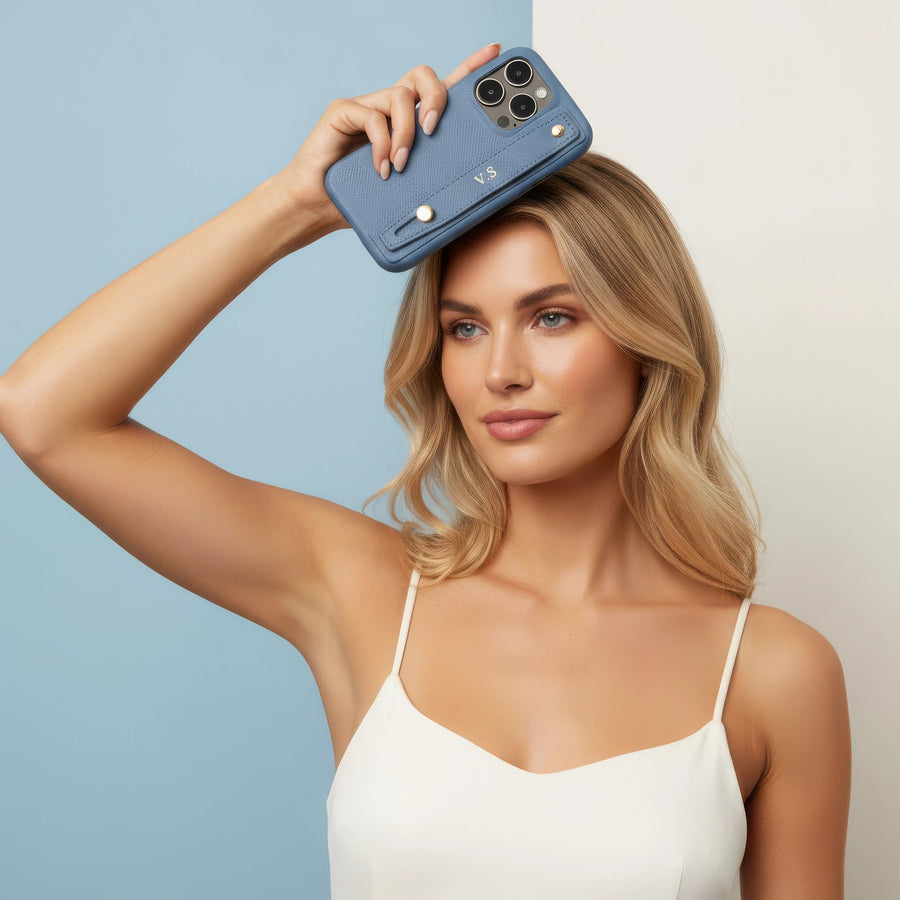 Blue Leather iPhone Case with Strap - Snap Bands