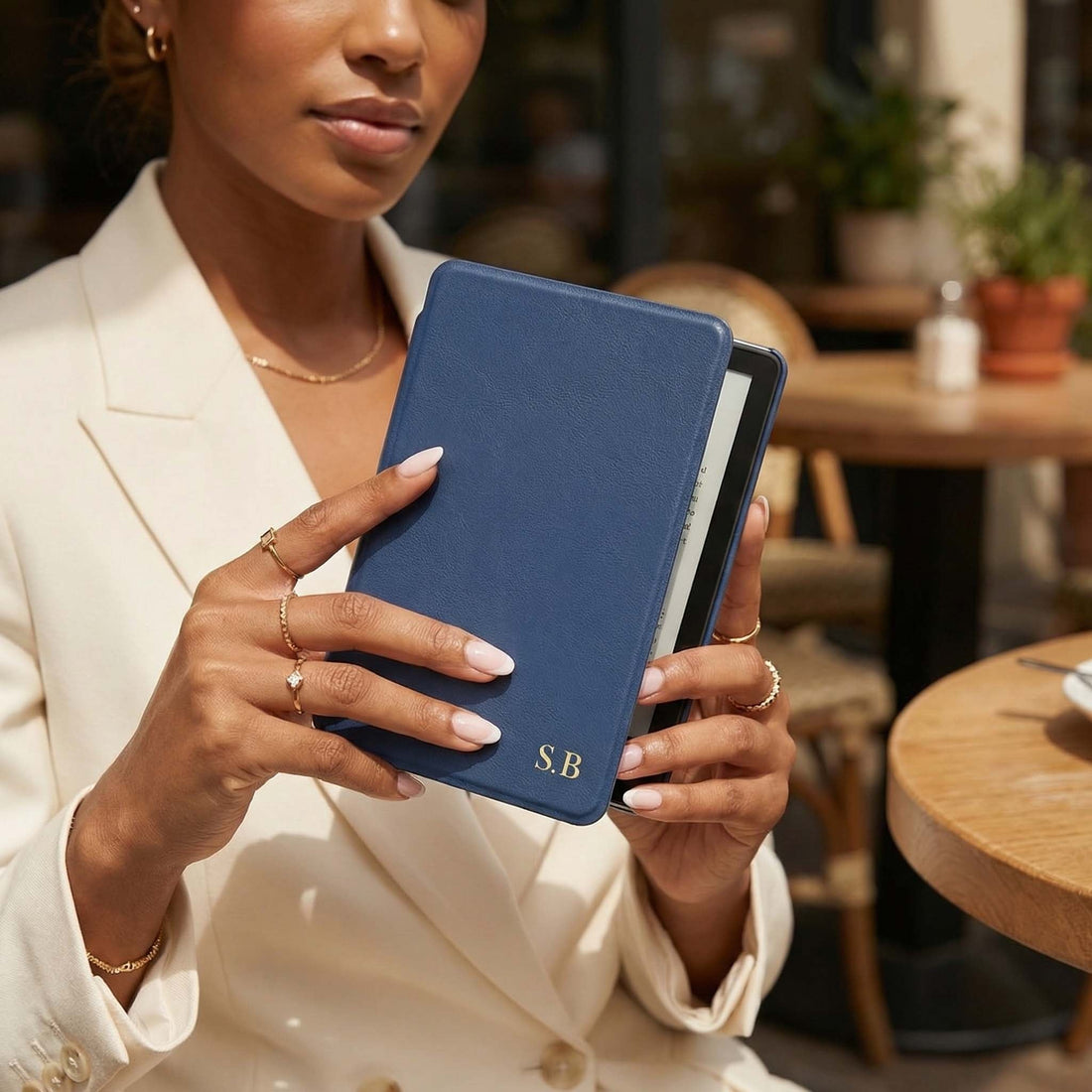 Blue Leather Kindle Case - Snap Bands