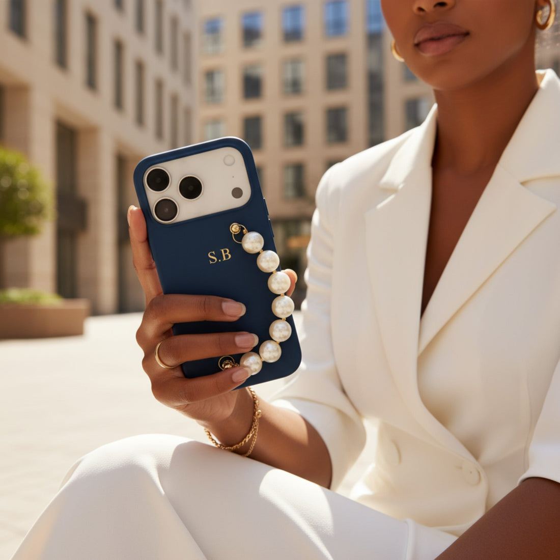 Blue Leather Magnetic iPhone Case with Pearl Strap - Snap Bands