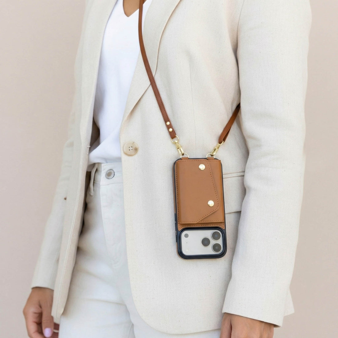 Brown Leather iPhone Case With Two Straps - Snap Bands