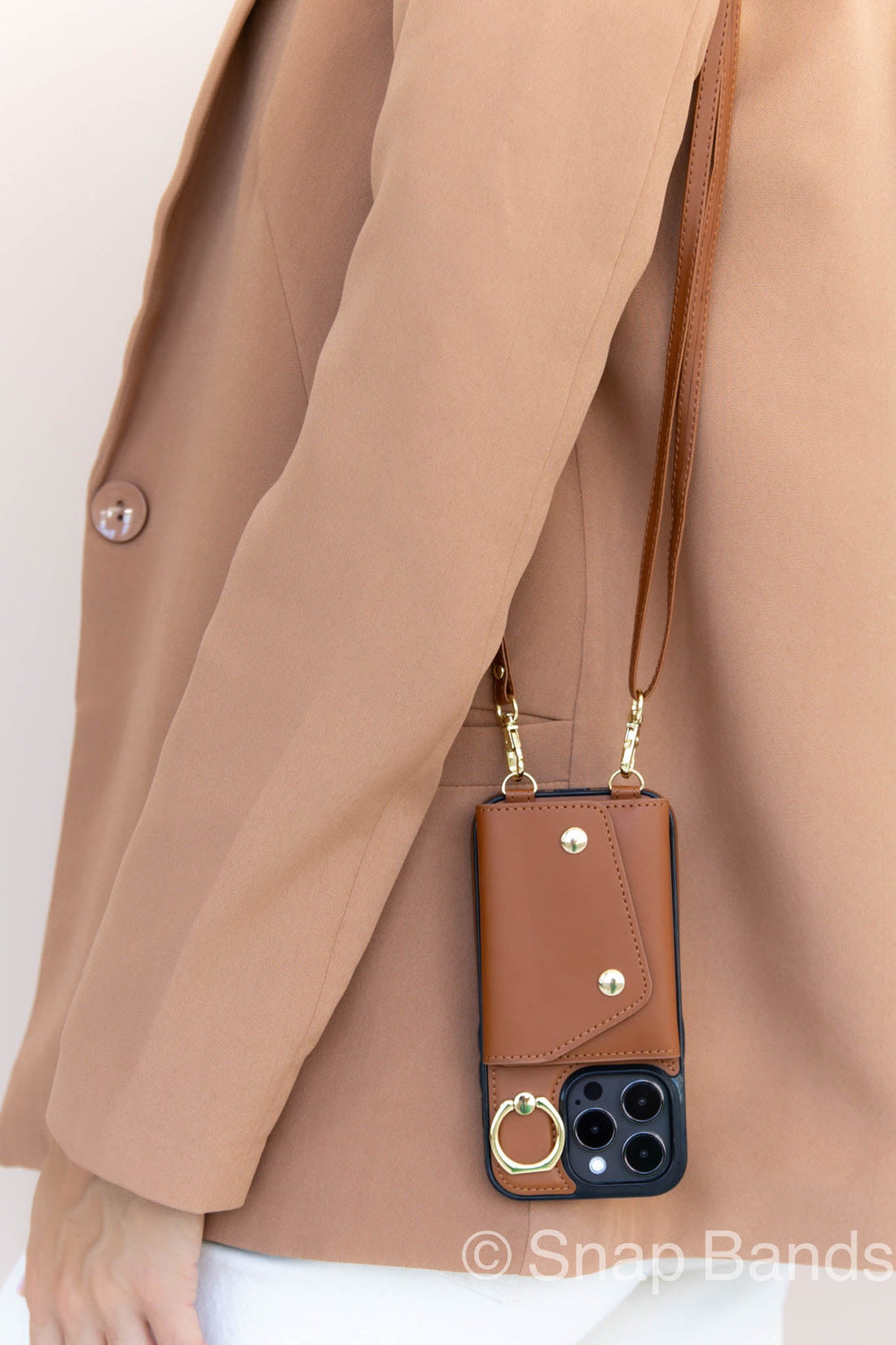 Brown Leather iPhone Case With Two Straps - Snap Bands