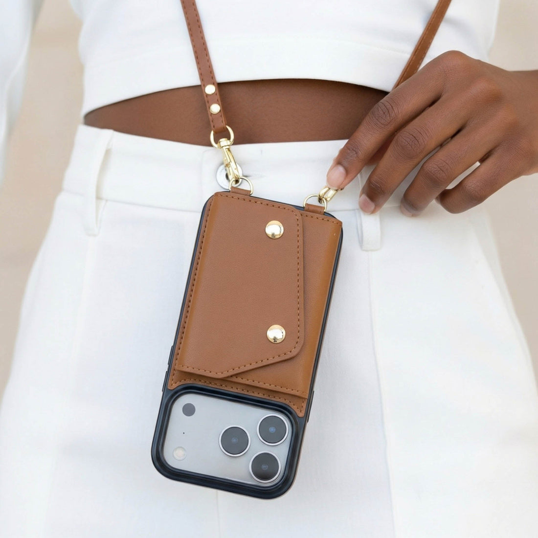 Brown Leather iPhone Case With Two Straps - Snap Bands