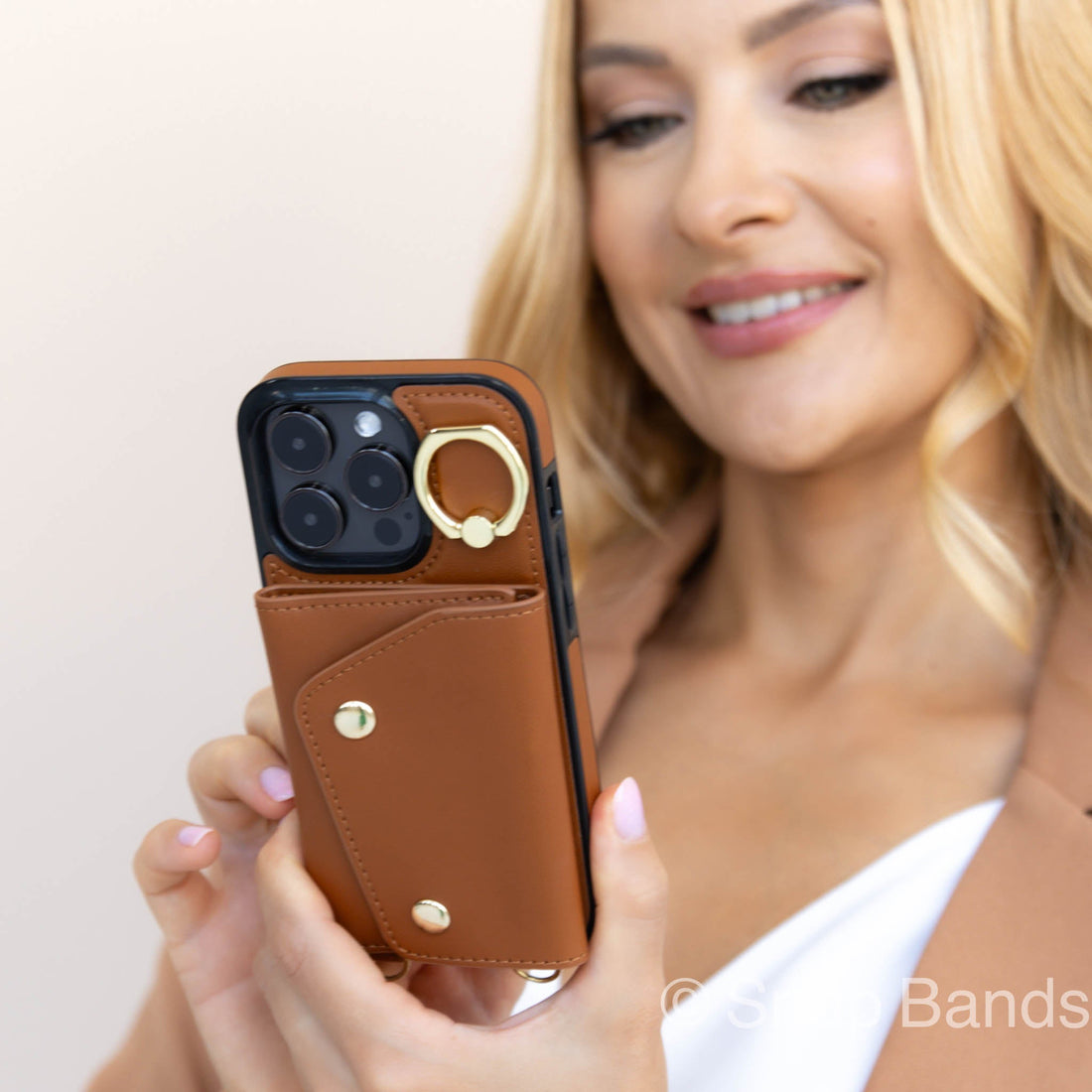 Brown Leather iPhone Case With Two Straps - Snap Bands