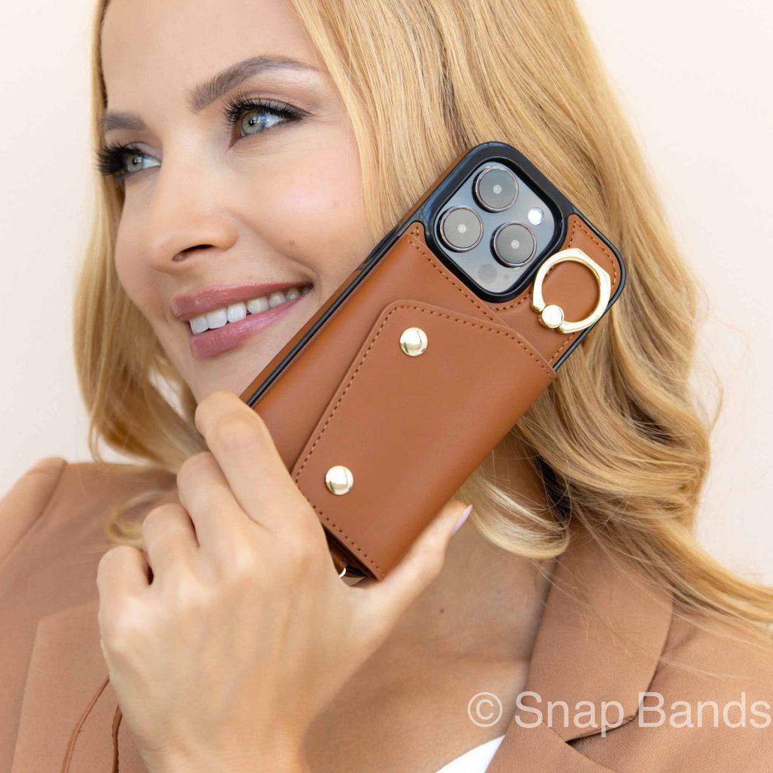 Brown Leather iPhone Case With Two Straps - Snap Bands