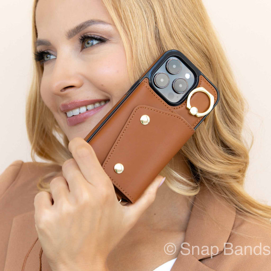 Brown Leather iPhone Case With Two Straps - Snap Bands