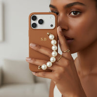 Brown Leather Magnetic iPhone Case with Pearl Strap - Snap Bands