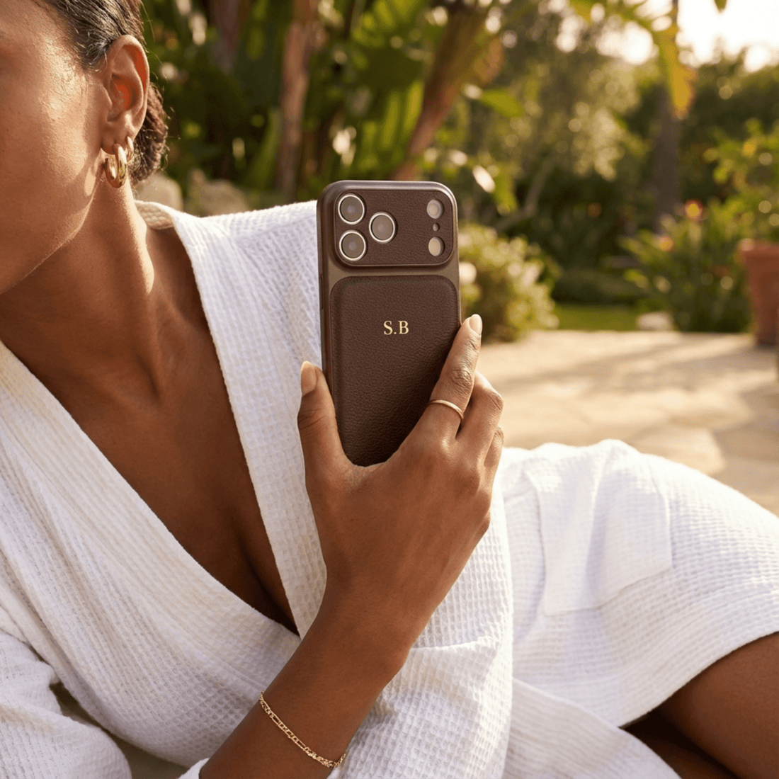 Brown Personalized iPhone Case With Leather - Snap Bands