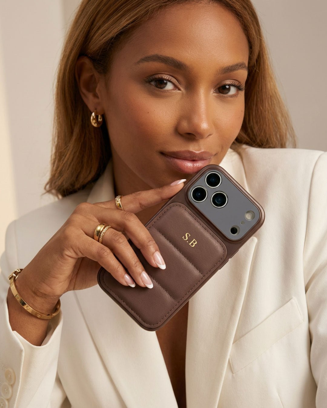 Brown Personalized iPhone Leather Case - Snap Bands