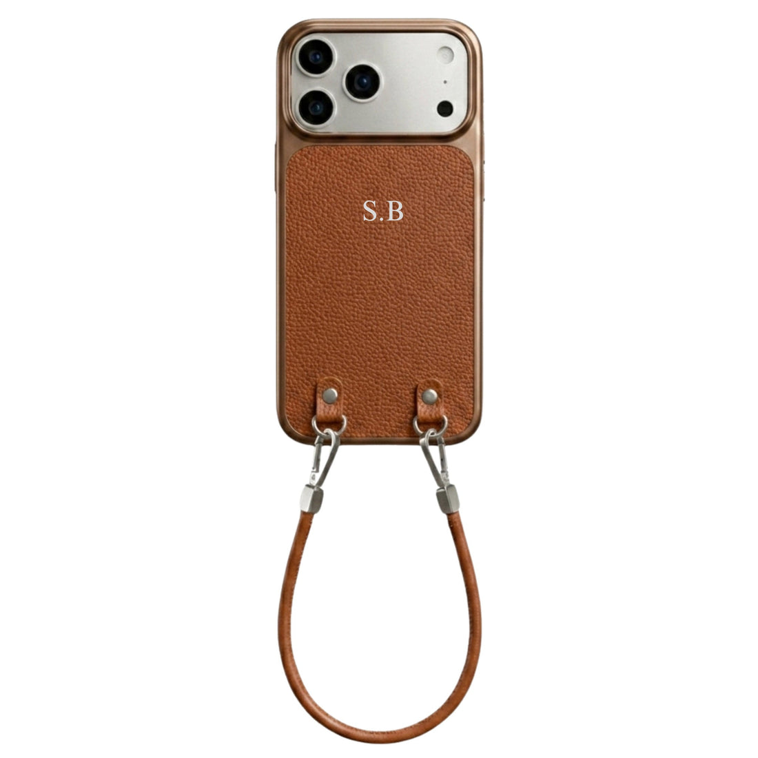 Brown Personalized Leather iPhone Case with Strap Handle - Snap Bands