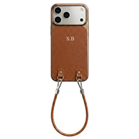 Brown Personalized Leather iPhone Case with Strap Handle - Snap Bands