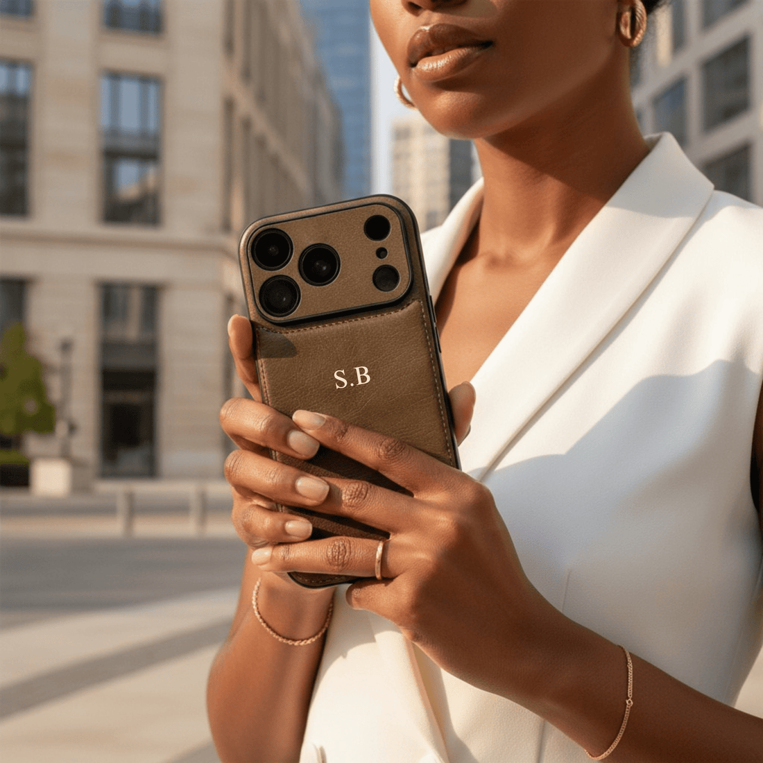 Brown Personalized Monogram Leather iPhone Case - Snap Bands