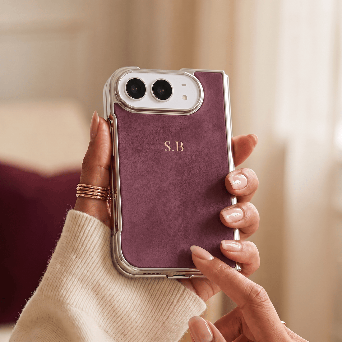 Burgundy Lambskin Leather Custom iPhone Duo Case - #Snap Bands#