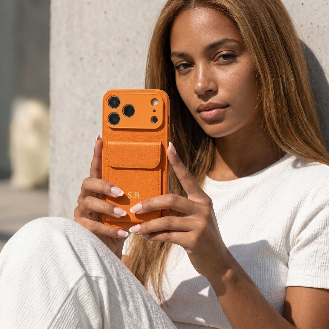 Orange Personalized Leather iPhone Case With Card Holder