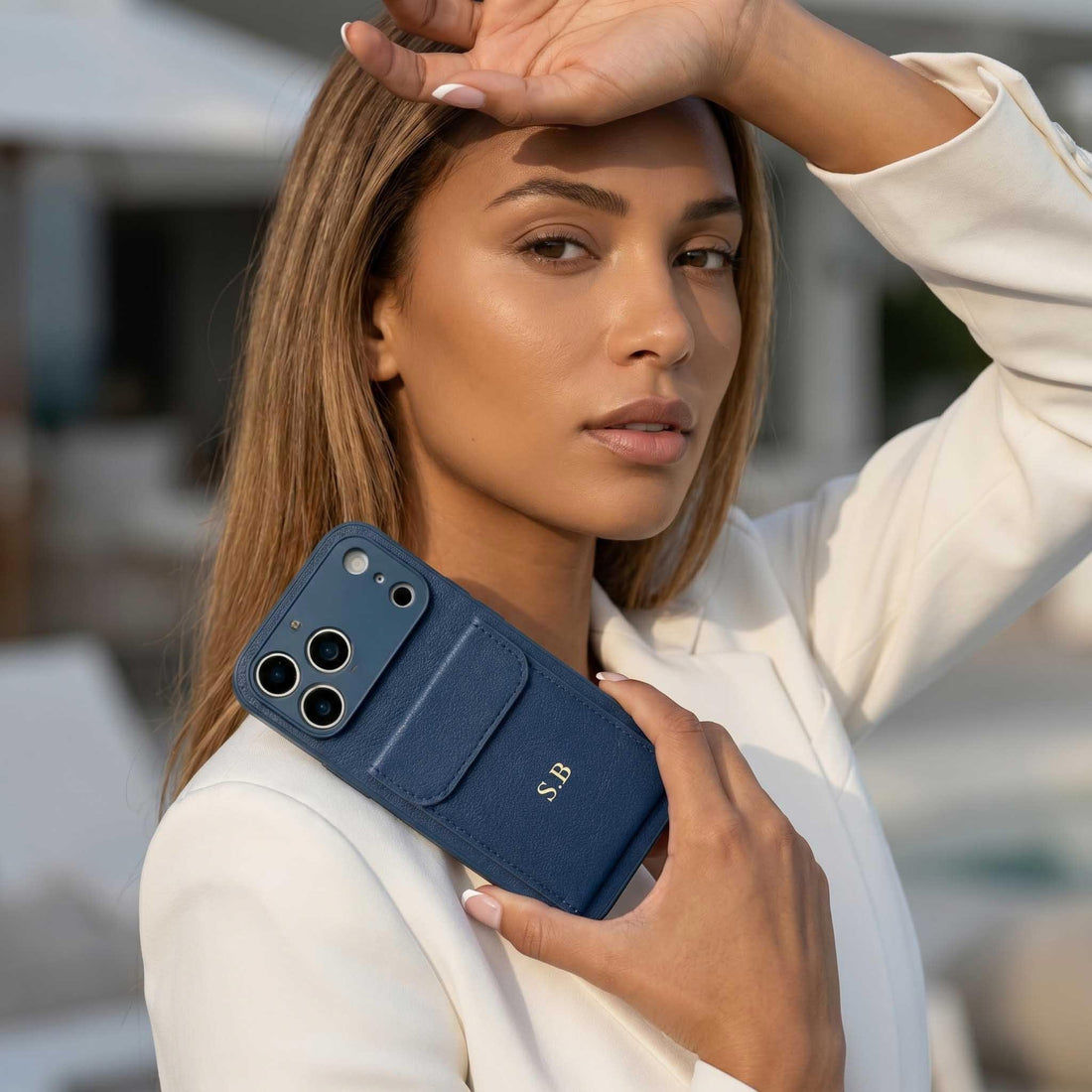 Blue Personalized Leather iPhone Case With Card Holder