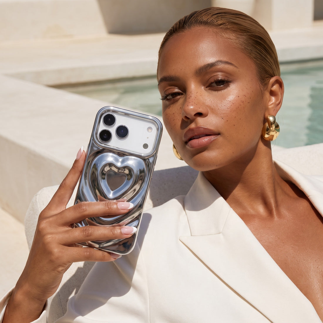 Silver 3D Heart Design iPhone Case