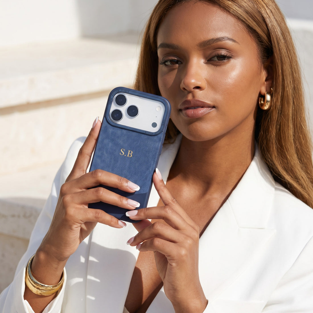Blue Two-Tone Monogrammed Leather iPhone Case