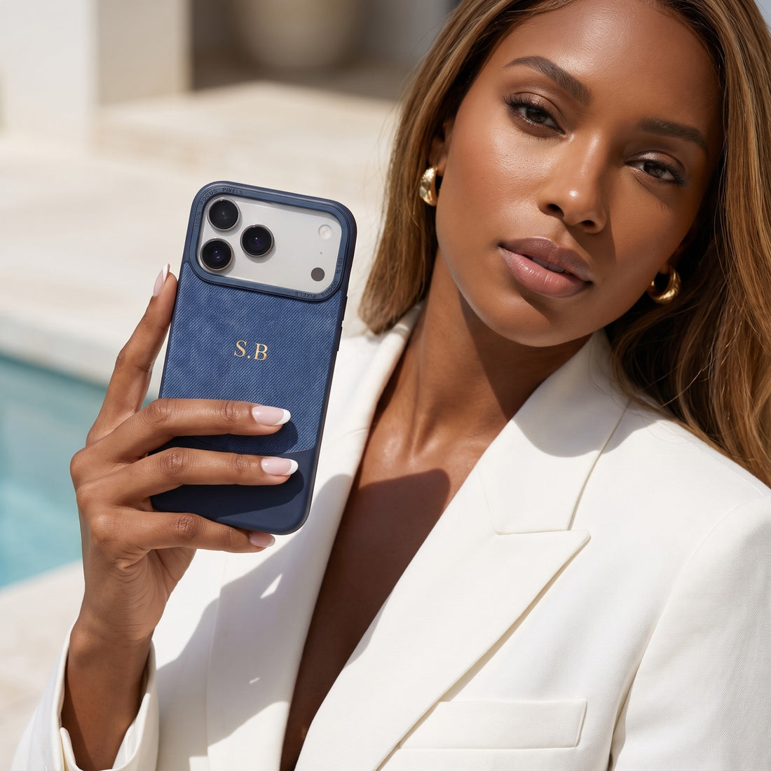 Blue Two-Tone Monogrammed Leather iPhone Case