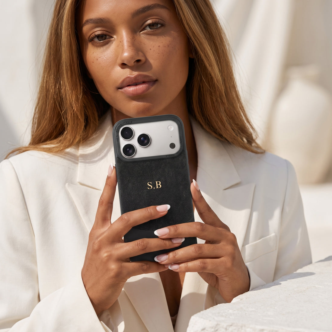 Black Two-Tone Monogrammed Leather iPhone Case