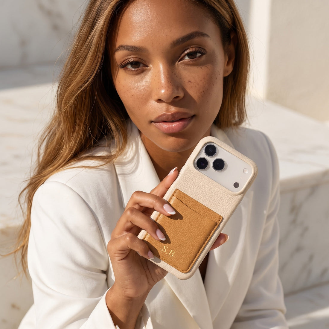 Cream Personalized Leather iPhone Case with Card Holder