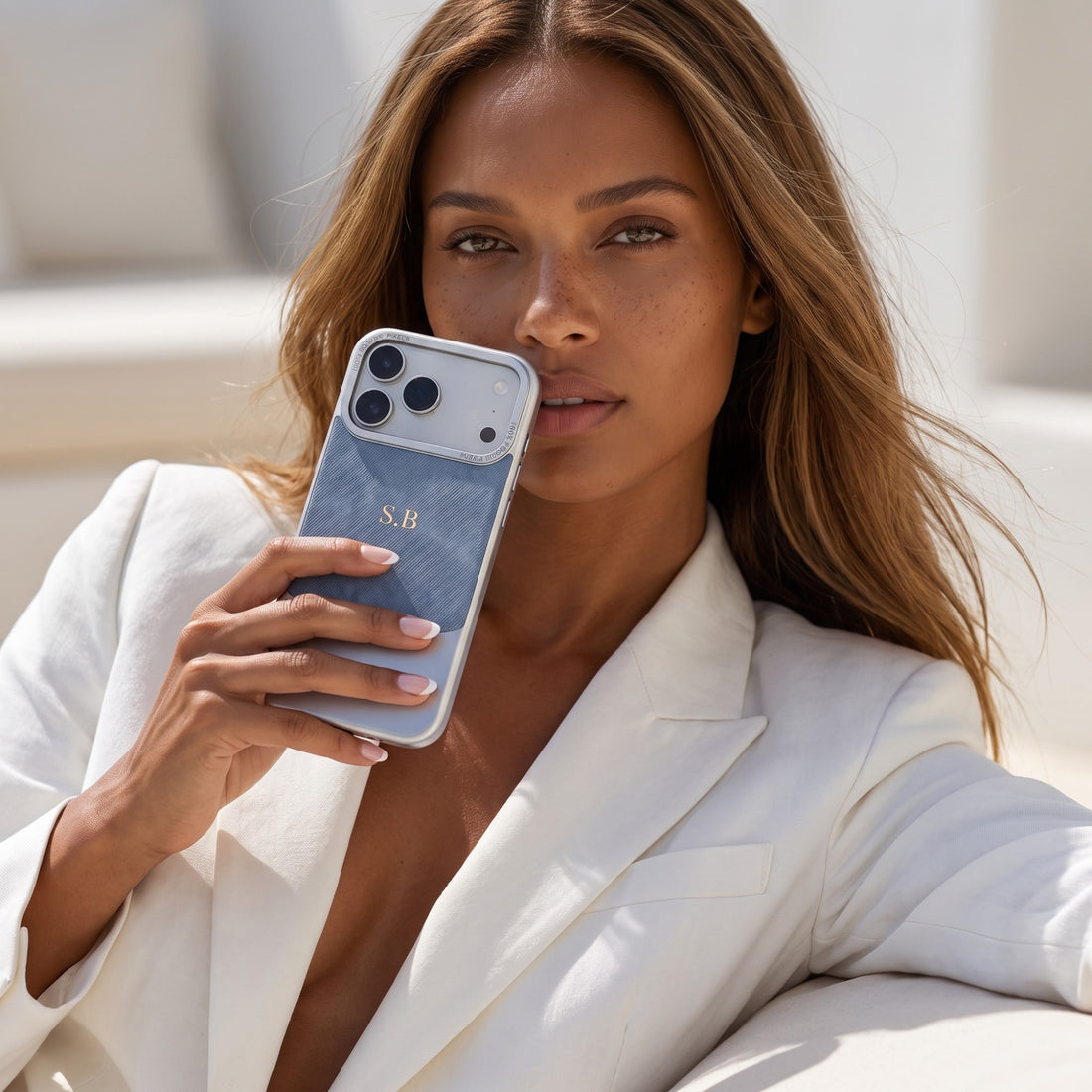 Light blue Two-Tone Monogrammed Leather iPhone Case